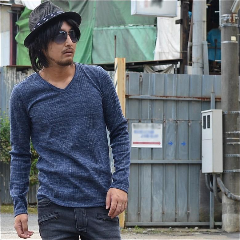 閉店セール】ランダムテレコVネックロングTシャツ Vネックカットソー