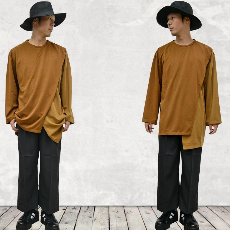 CAST アシンメトリーコットンカットソー　異素材切り替えTシャツ　クルーネック CAST アシンメトリーコットンカットソー 異素材切り替えTシャツ クルー