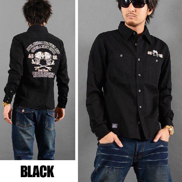 もりもです。刺繍入り黒長袖シャツ 閉店セール】長袖シャツ メンズ デザインステッチミリタリー長袖シャツ