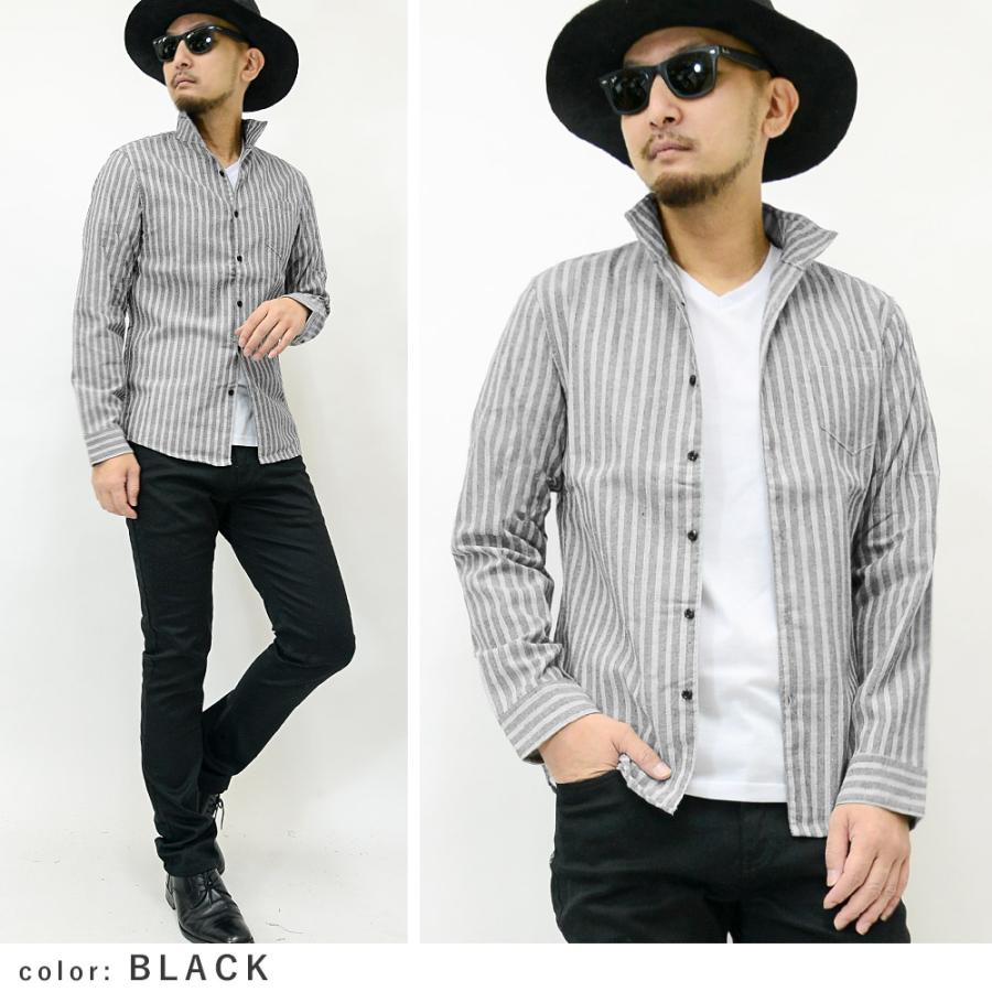 閉店セール】綿麻素材イタリアンカラー長袖ストライプシャツ メンズ