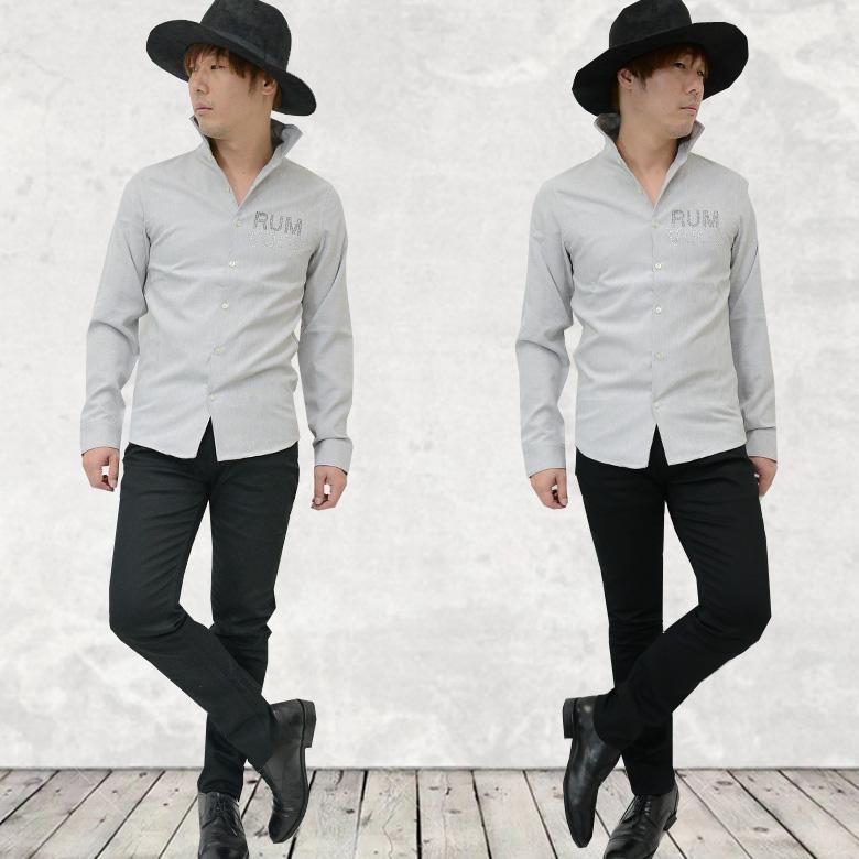 長袖シャツ ロングシャツ ホリゾンタルカラー 形状記憶 ワイヤー