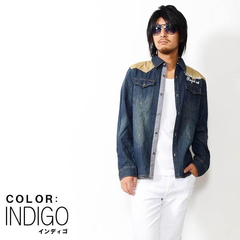 閉店セール】長袖カジュアルシャツ メンズ 切替ウエスタン長袖デニム