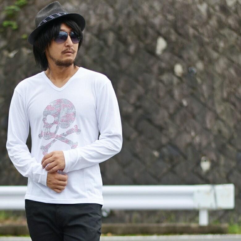 閉店セール】Tシャツ メンズ Vネック 長袖 ロンT ラインストーン