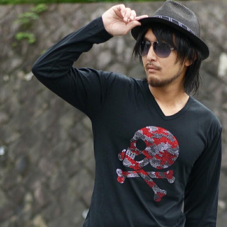 閉店セール】Tシャツ メンズ Vネック 長袖 ロンT ラインストーン