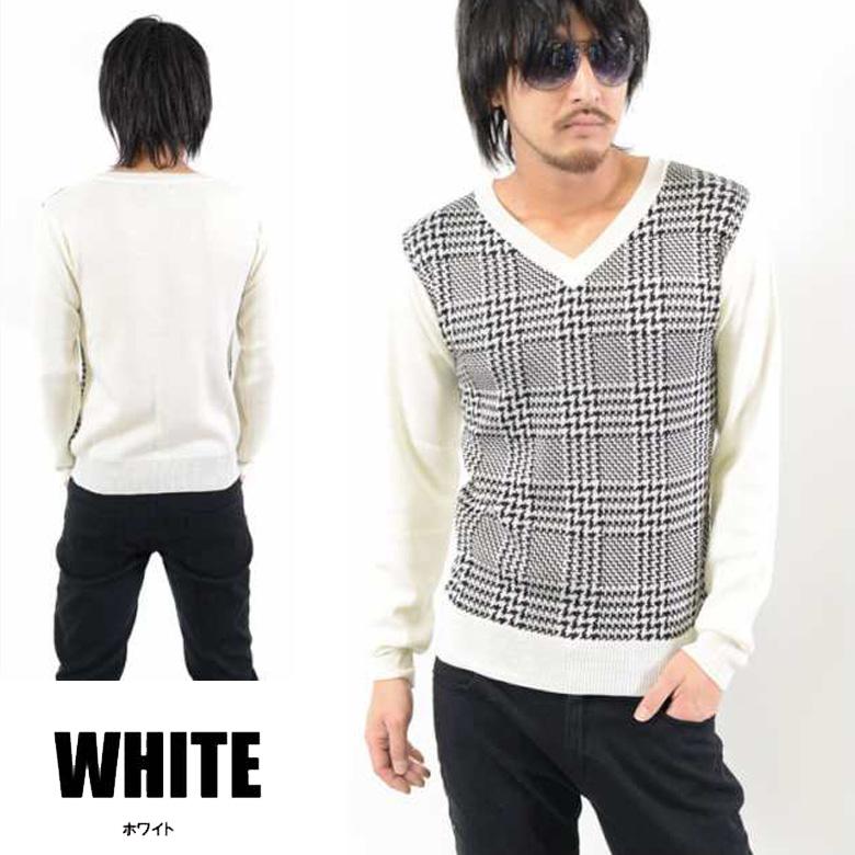閉店セール】メンズ Vネック グレンチェック 切替 総柄 ニット