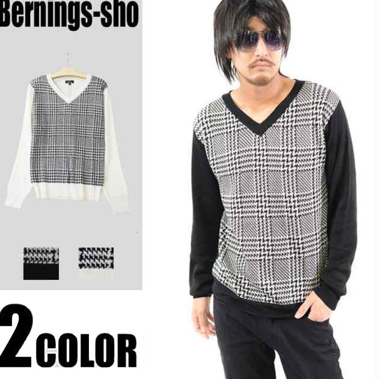 閉店セール】メンズ Vネック グレンチェック 切替 総柄 ニット