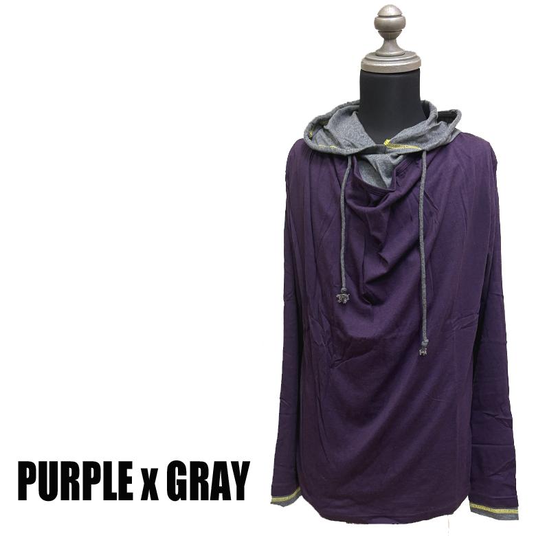 閉店セール】フェイクレイヤード ドレープxパーカーTシャツ パープル
