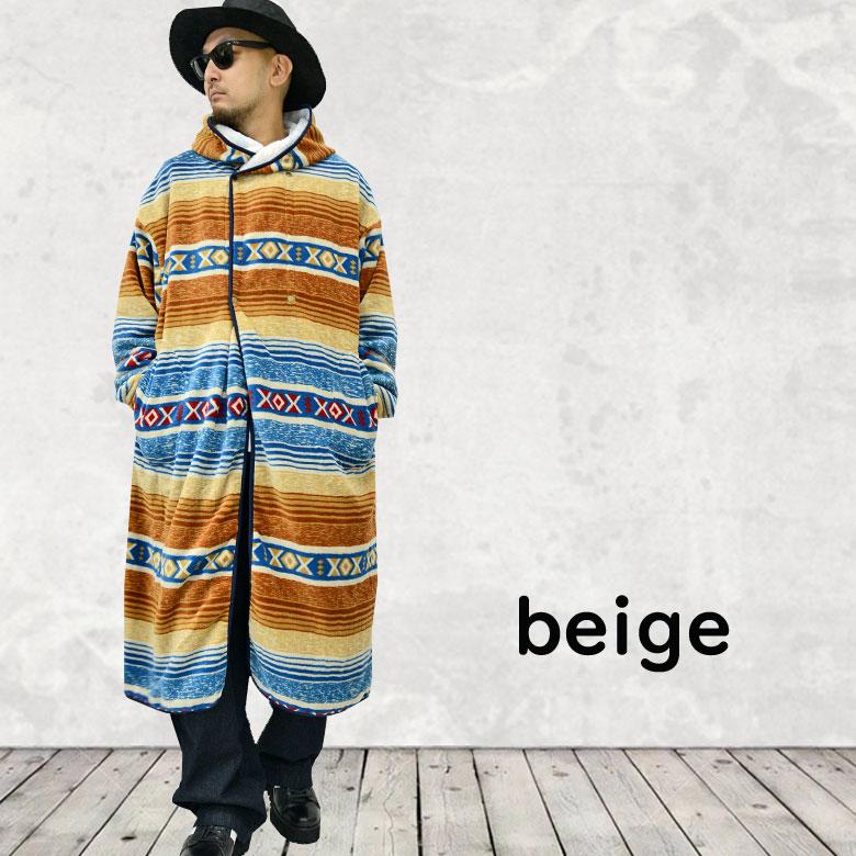 閉店セール】オルテガ柄ロンク丈ボア フーデッドコート ネイティブ柄