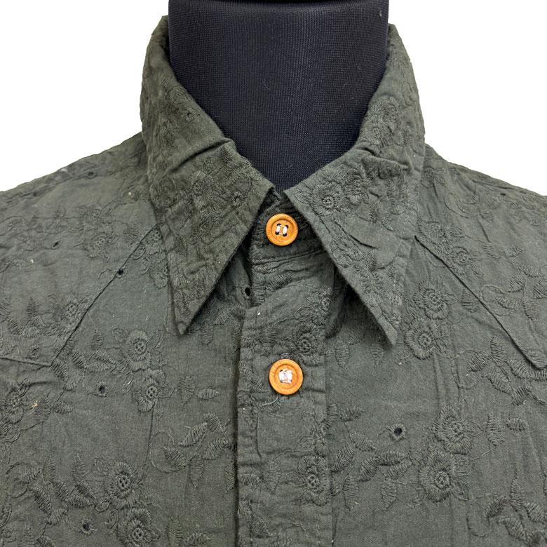 閉店セール】同色 総柄 刺繍 半袖シャツ コットン 無地 半袖