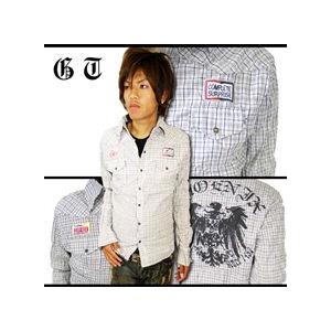 ロゴプリント チェックシャツ 閉店セール】クリンクル加工サーフワッペン付バクプリチェックシャツ