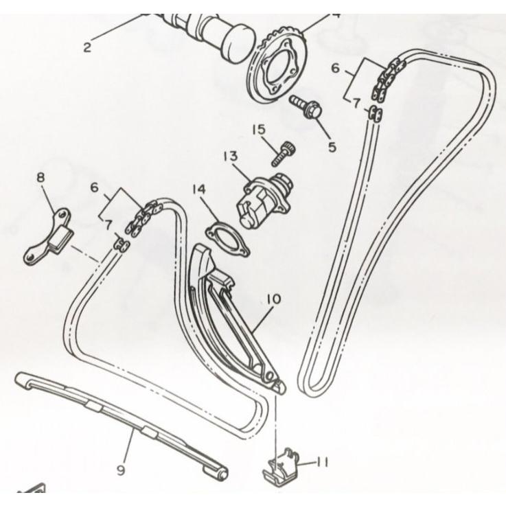 VMAX1200(3UF) カムチェーンテンショナー＆ガスケット　1台分　図中(13番＆14番)　26H-12210-03(26H-12210-02)  3JP-12213-01(26H-12213-00　3JP-12213-00より) : 446k26h-12210-03-3jp-12213-01 