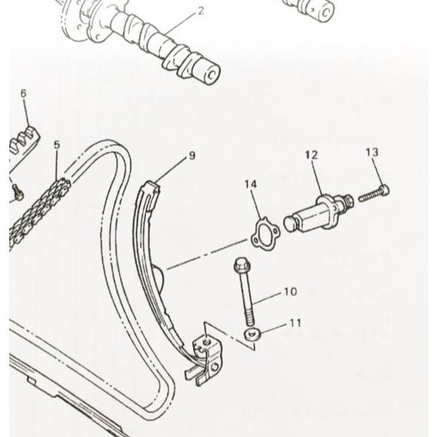 XJR400R(RH02J) カムチェーンテンショナー＆ガスケット 図中(12番＆14