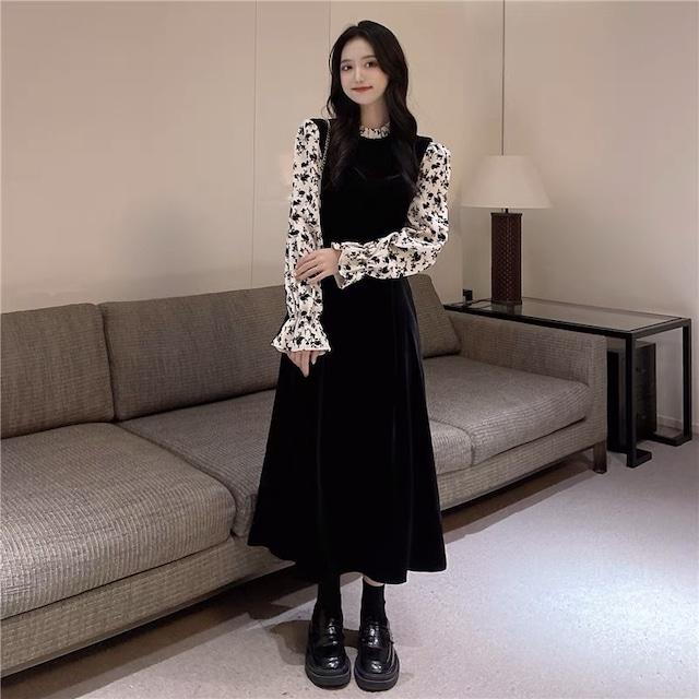 ベルベットドレス 長袖フレンチスタイル ロング ボトムス カートヘップバーンスタイル 黒いワンピース Alaw No