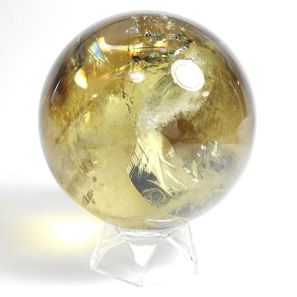 台付天然高透明度黃水晶球(シトリン)(直径:46mm) {整理番号:AG17} 天然石【シトリン(天然)黄色水晶 丸玉 台座付き[直径 約57mm