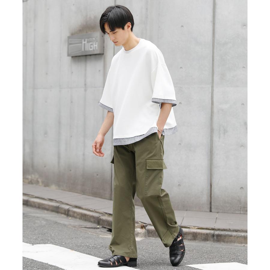 カットソー Tシャツ メンズ クルーネック 半袖 5分袖 フェイク