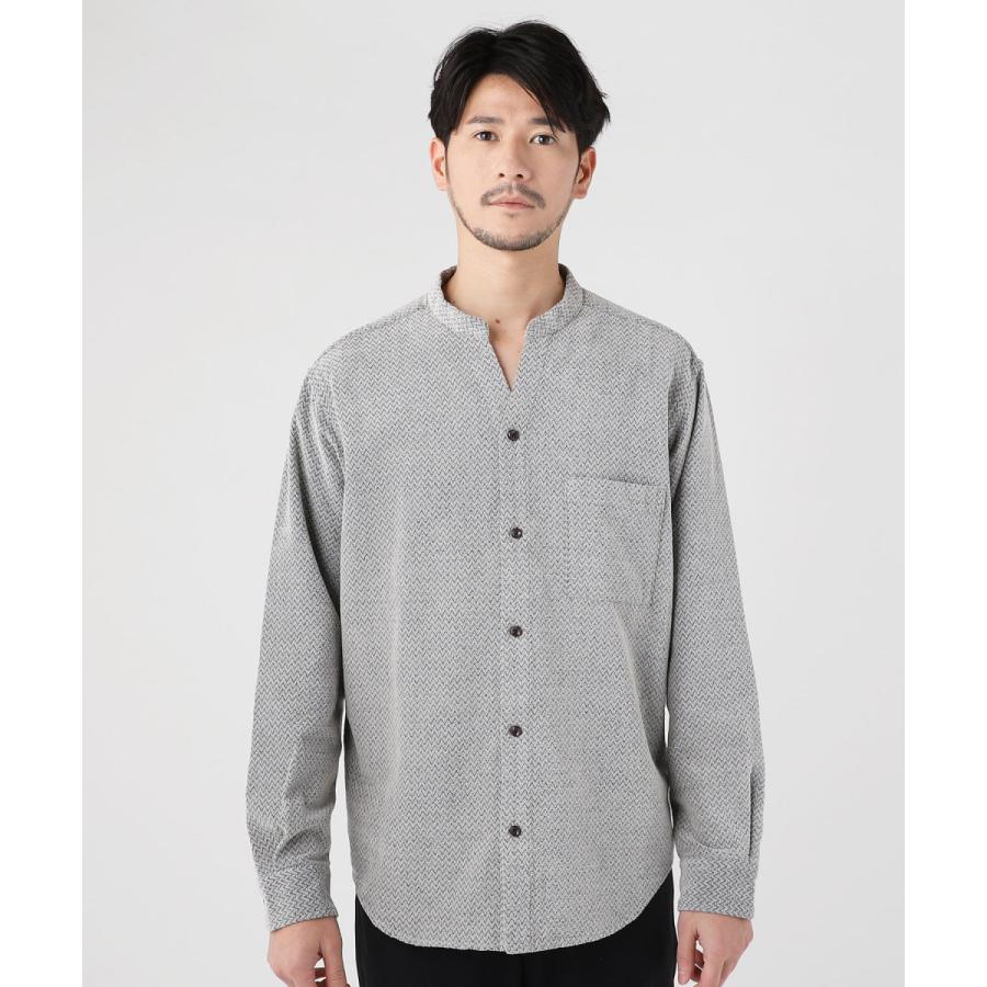 シャツ メンズ ヘリンボーン モール Vネック スタンドカラー 長袖 M L