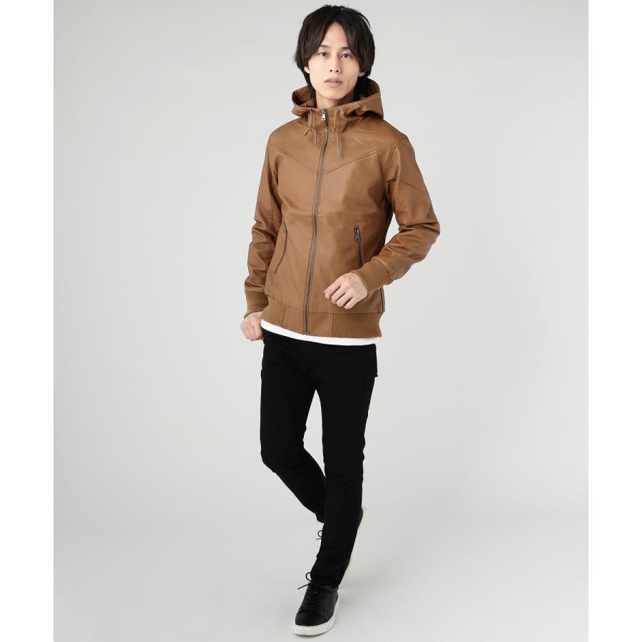 ジャケット アウター メンズ PUレザー フード ボリュームネック リブ