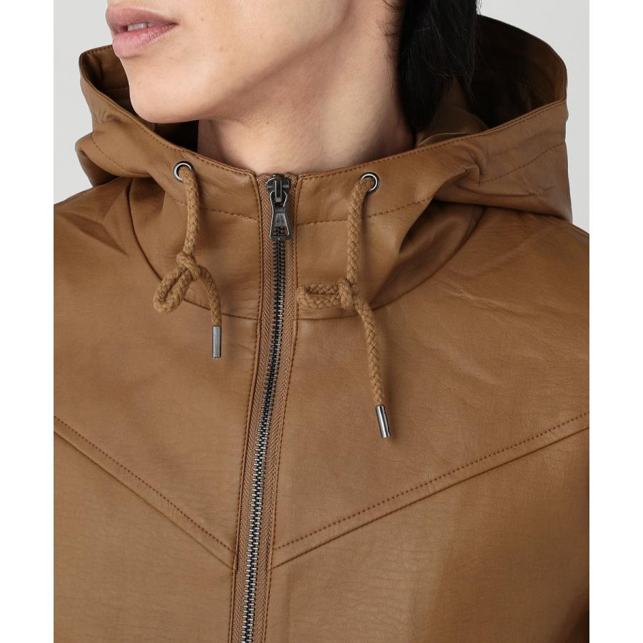 ジャケット アウター メンズ PUレザー フード ボリュームネック リブ