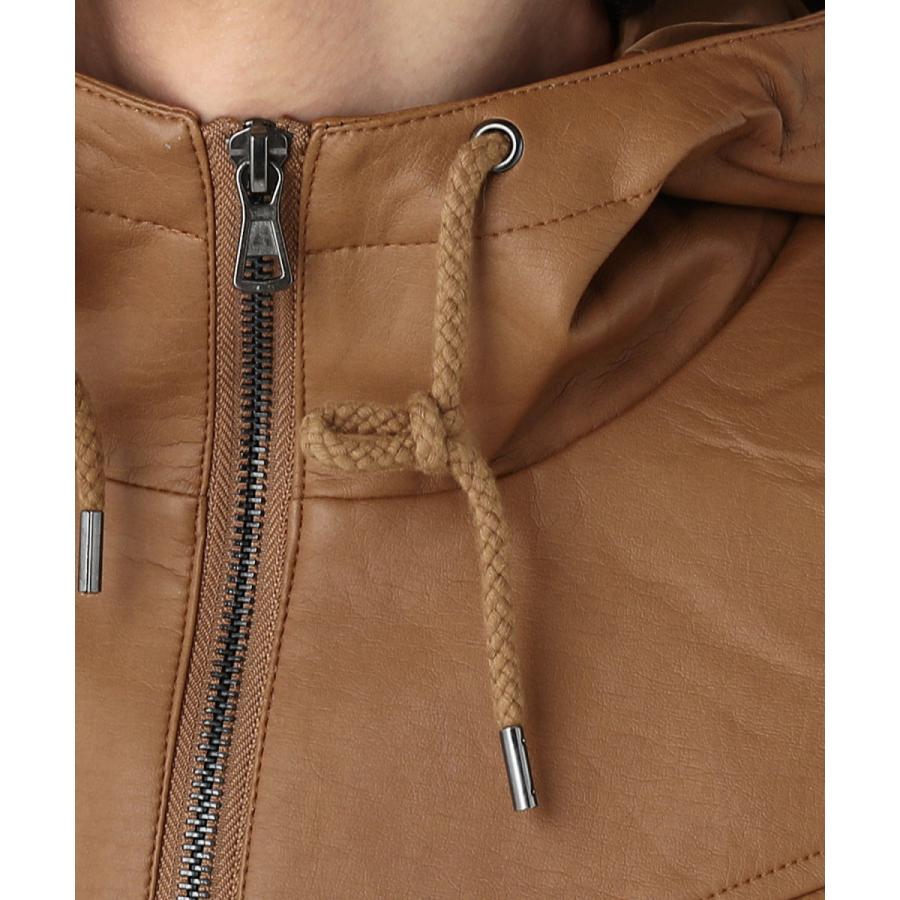 ジャケット アウター メンズ PUレザー フード ボリュームネック リブ