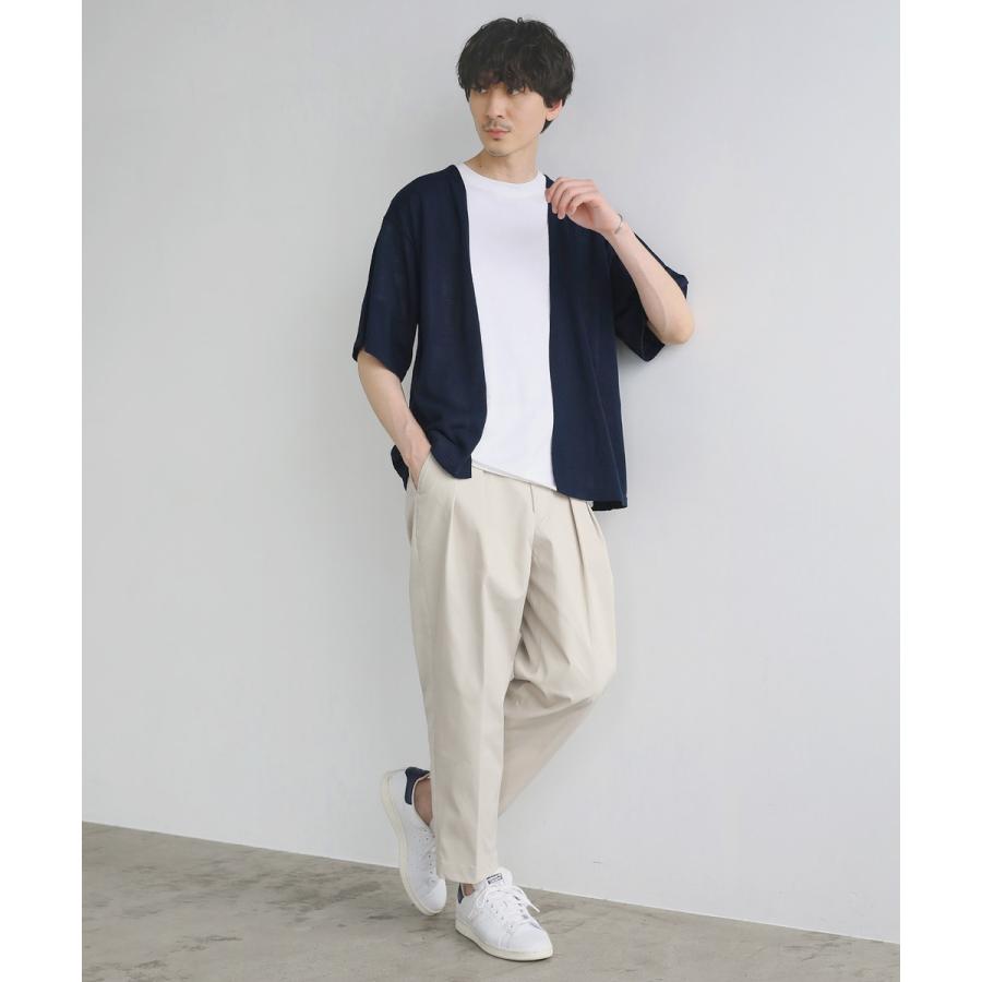 カーディガン メンズ 夏 ボタンレス 5分袖 半袖 リネンライクブラック