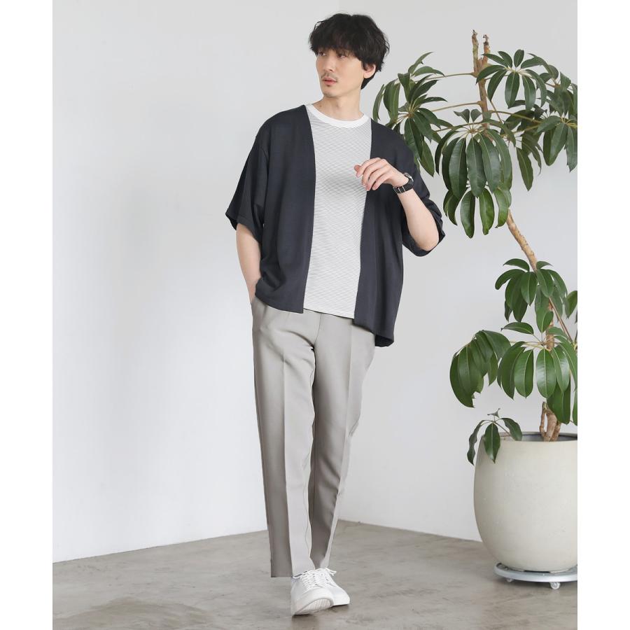 カーディガン メンズ 夏 ボタンレス 5分袖 半袖 リネンライクブラック