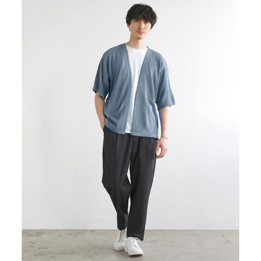 カーディガン メンズ 夏 ボタンレス 5分袖 半袖 リネンライクブラック