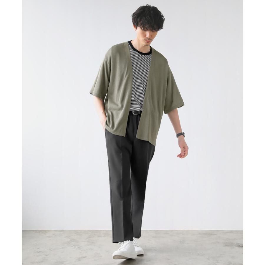 カーディガン メンズ 夏 ボタンレス 5分袖 半袖 リネンライクブラック