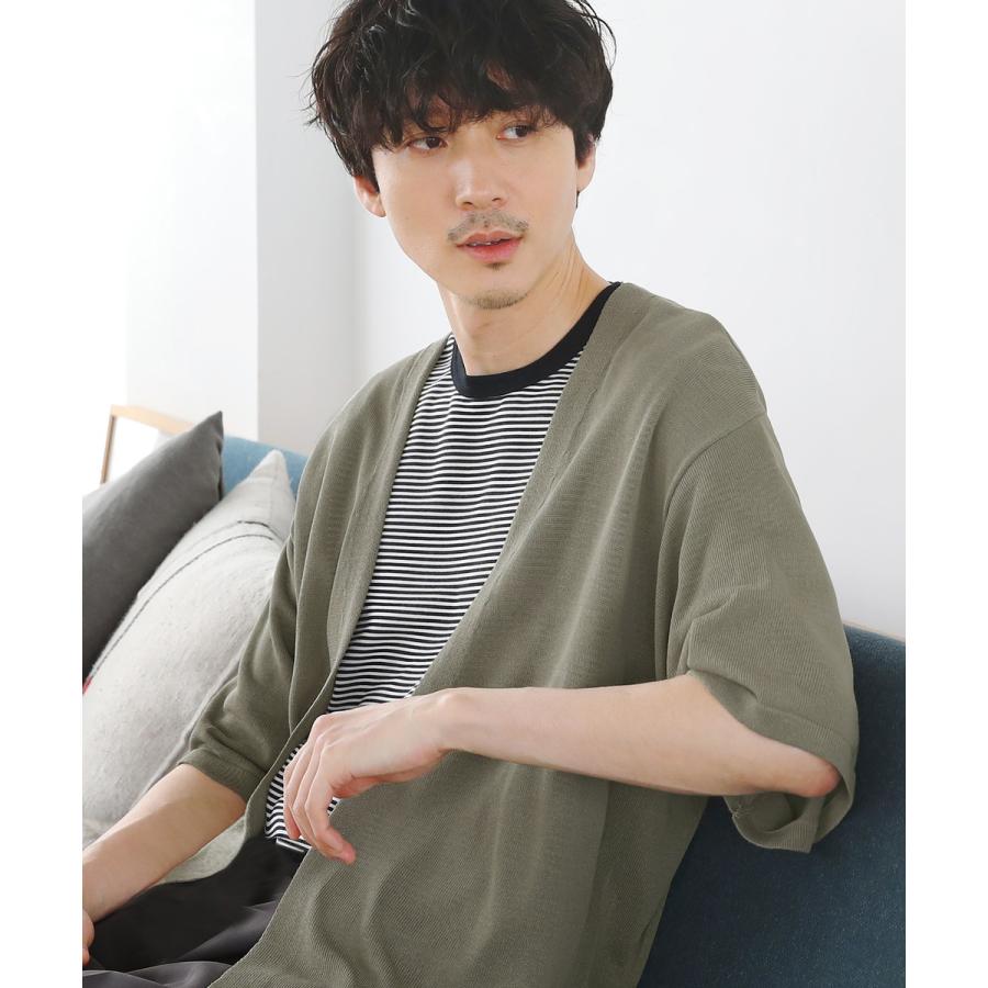 カーディガン メンズ 夏 ボタンレス 5分袖 半袖 リネンライクブラック