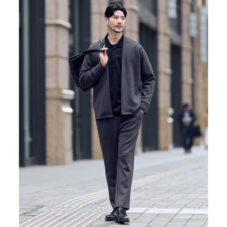 スプートニクス　ダークグレー ノーカラージャケット・パンツ・ニット　セットアップ ハイストレッチリラクシングノーカラージャケット＆イージーテーパード