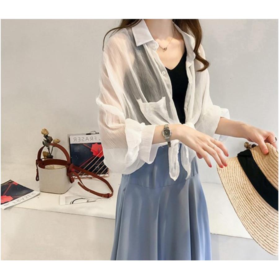 シアーシャツ シースルー カーディガン ミドル丈 ストライプ ランタン