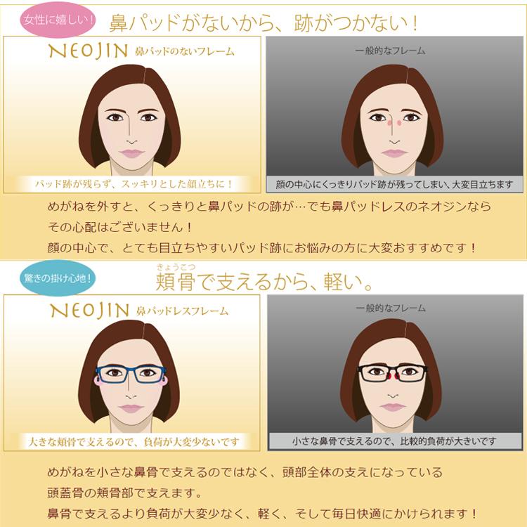 鼻パッドのないメガネ ネオジン おしゃれ NJ3019 NEOJIN 度付きレンズ