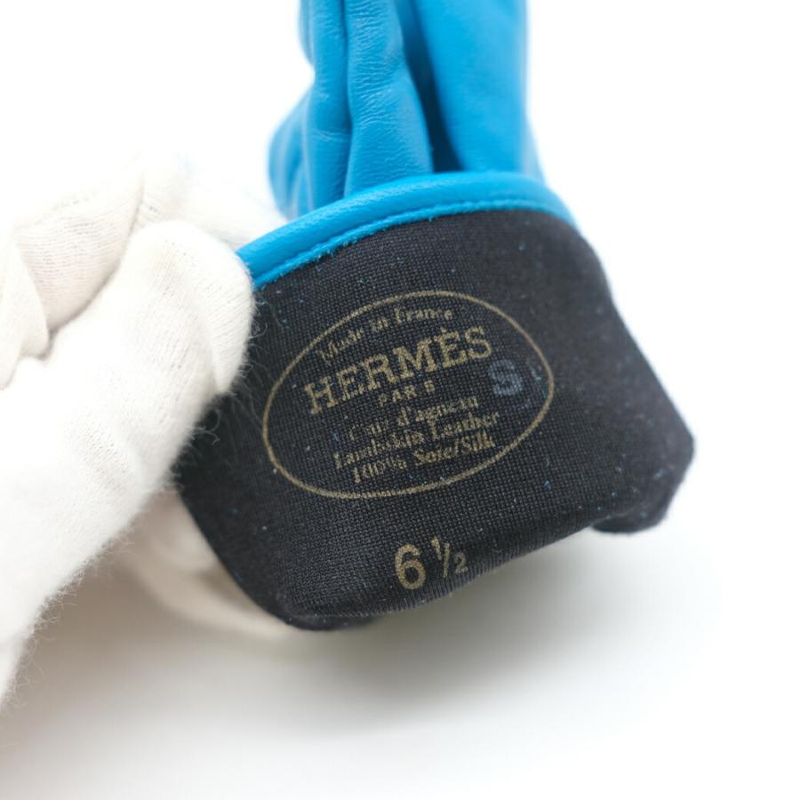 【セール】【美品】HERMES エルメス 手袋 グローブ シルクステッチ ラムスキン ブルー 青  #6 1/2｜src-gk｜06