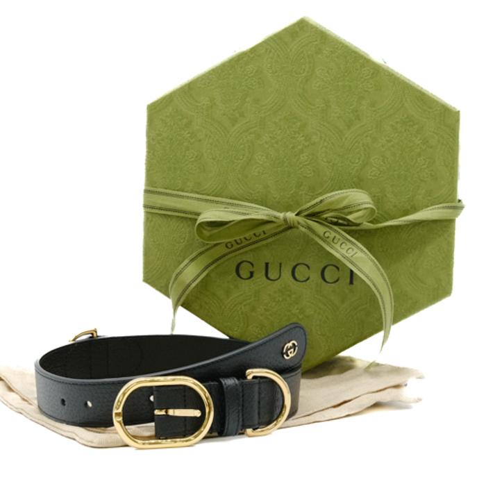 【お値引き】【未使用品】 GUCCI グッチ インターロッキングG ラージ ペット 愛犬 首輪 ＃L レザー ブラック 黒 695256 箱付 | 