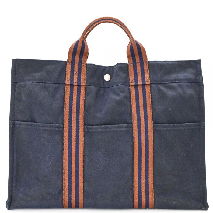 【お値引き】HERMES エルメス ニューフールトゥ トートMM ハンドバッグ ハーフレザー レザー ネイビー ブラウン キャンバス レディース メンズ | フールトゥ