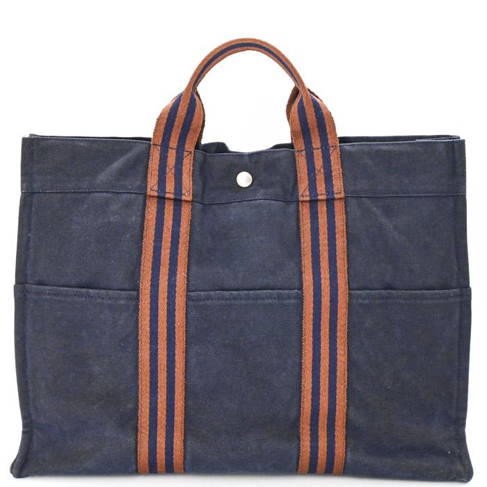 【お値引き】HERMES エルメス ニューフールトゥ トートMM ハンドバッグ ハーフレザー レザー ネイビー ブラウン キャンバス レディース メンズ | フールトゥ | 01