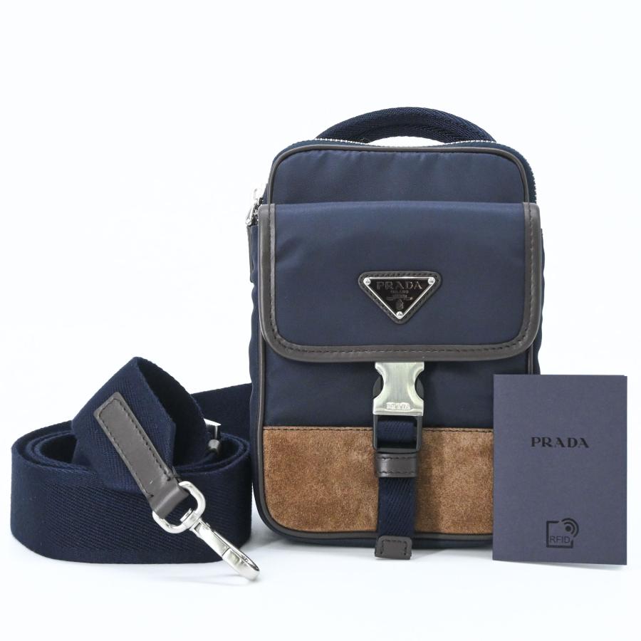 【未使用品】PRADA プラダ スエード Reナイロン ショルダーバッグ 肩掛け トライアングル ネイビー 青 ブラウン 茶 ICチップ | 