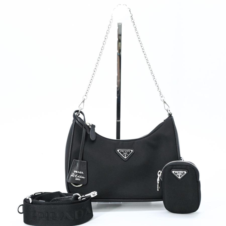 【未使用品】PRADA プラダ  Re-Edition 2005ナイロン レザー ショルダー ポーチ付き ハンドバッグ 2WAY レディース 三角ロゴ ブラック 黒 シルバー金具 白タグ | 