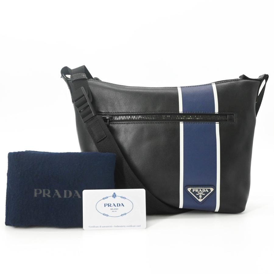 【未使用品】PRADA プラダ ショルダーバッグ レザー トライアングルロゴ 黒 ブラック ブルー 青 2VH078 | 
