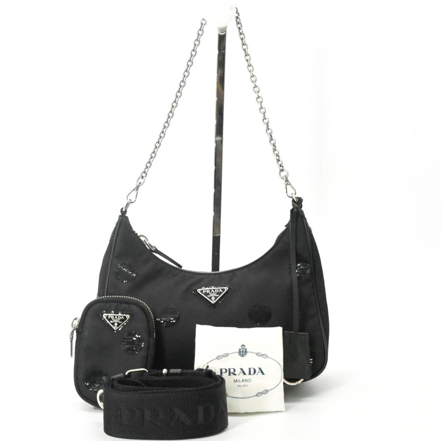 【美品】PRADA プラダ Re-Nylon リナイロン リエディション2005 スパンコール ハンドバッグ ショルダーバッグ レディース ブラック 黒 白タグ | 