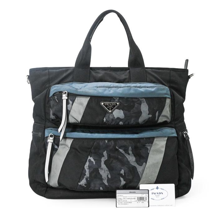 PRADA プラダ テスート ナイロン トート バッグ カモフラージュ ハンドバッグ キャンバス ブルー ブラック メンズ 白タグ ストラップ欠品 2VG040 | 