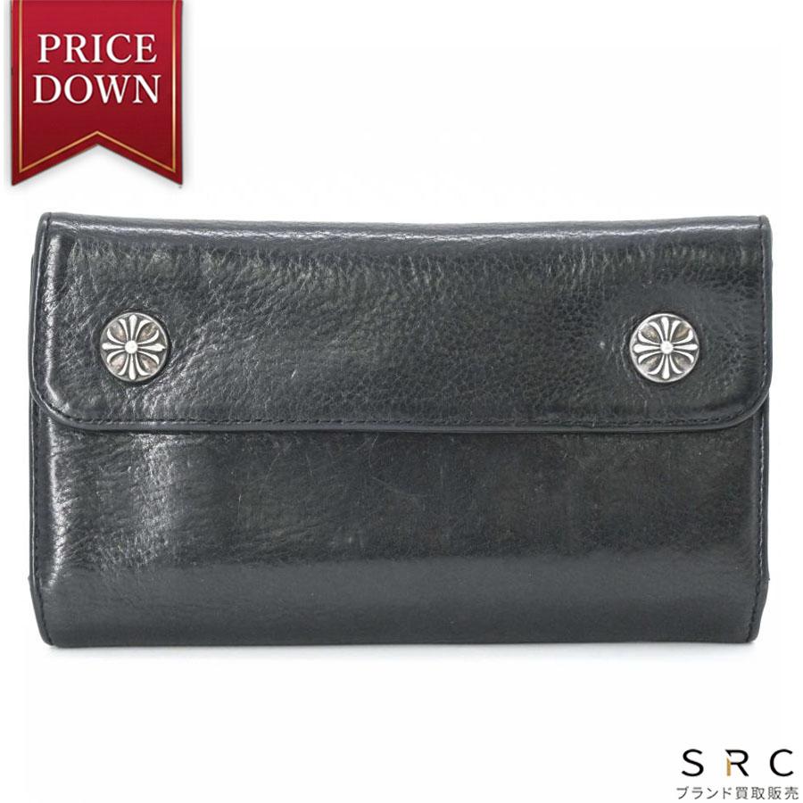 Chrome Hearts クロムハーツ ウェーブウォレット 長財布 三つ折り財布 クロスボタン シルバー金具 レザー メンズ 黒 ブラック | CHROME HEARTS