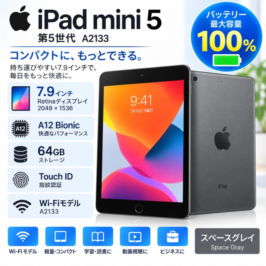 Apple iPad mini 5 第5世代 A2133 Wi-Fiモデル 64GB スペースグレイ バッテリー残量100％ 7.9インチ Retina タブレット 中古