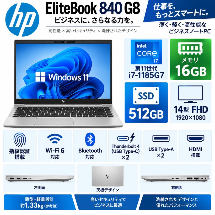 ノートパソコン HP EliteBook 840 G8 高性能　14型FHD 第11世代 Core i7-1185G7 メモリ16GB SSD512GB 指紋認証 Webカメラ Windows11 Pro Office2021　WiFi6 | EliteBook