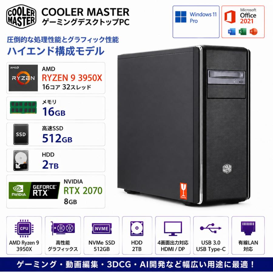 COOLER MASTER ゲーミングデスクトップパソコン AMD Ryzen 9 3950X メモリ16GB SSD512GB＋HDD2TB NVIDIA GeForce RTX 2070 Windows 11 Pro MS Office 2021 | Cooler Master