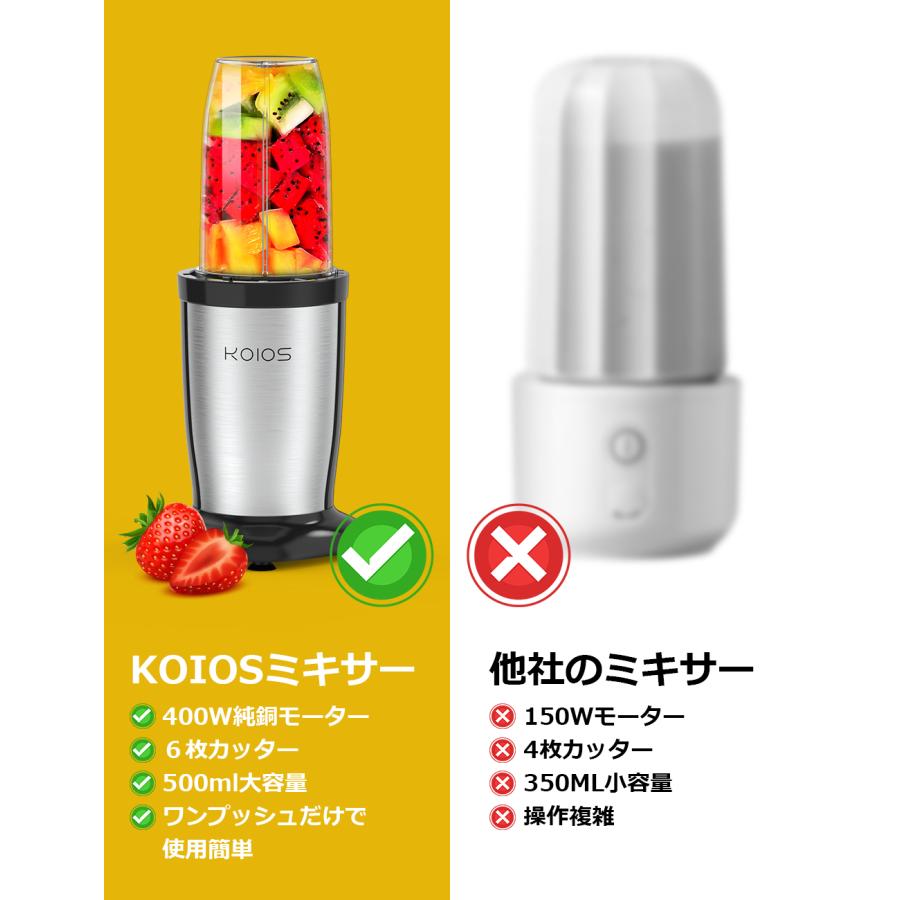 【KOIOS正規品】KOIOS ミキサー ジューサー ダブルボトル 500ml大容量 コーヒーミル ６枚刃 ハイパワー400W スムージー 25000r/min高速回転 氷も砕ける 一台多役｜srissshop｜10