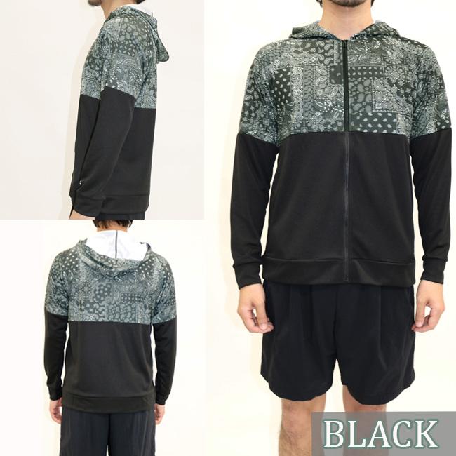 ラッシュガード メンズ 男性用 長袖 スイムウエア ウエア トップス フード付き MASHALO マシャロ UVカット プリント切替　ペイズリー　紫外線90％  MSRG-424 |  | 01