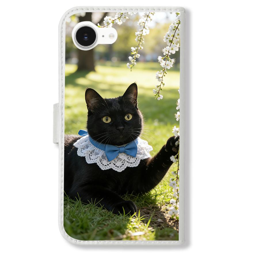 Android One S4/DIGNO J 手帳型(ホワイトx黒猫) ねこ柄 リボン レース
