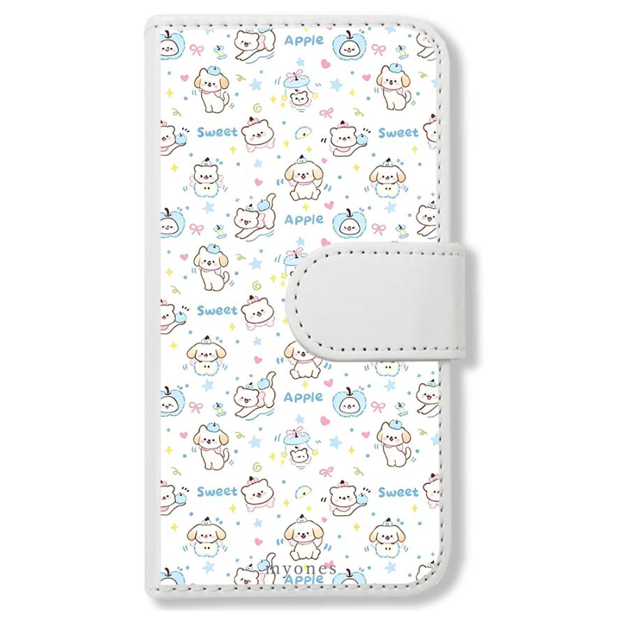 Google Pixel 10A 手帳型(ホワイトxいぬとりんご)犬 総柄 可愛い