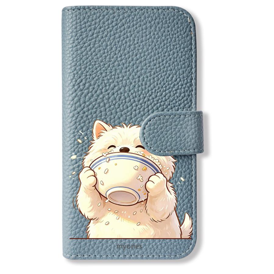 ★leaniko★GPSケース いちご&ほいっぷ犬 ブルー / 合皮ミント Google pixel9a 手帳型(ブルーグレーx食いしん坊ワンちゃん) 犬 いぬ