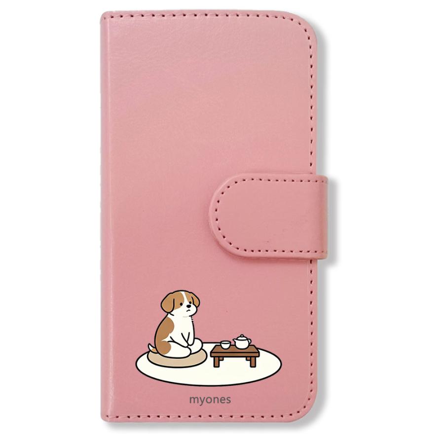 ★Fuwamo★GPSケース ベージュくまちゃん / 合皮ピンクベージュ Google pixel9a 手帳型(ピンクxお茶を楽しむ犬) 犬 いぬ 和風 お茶 畳